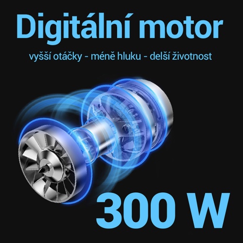 Digitálny motor vysávača TESLA Purestar E70 Aqua Pro s výkonom 300 W, vyššími otáčkami a nižšou hlučnosťou pre dlhšiu životnosť.