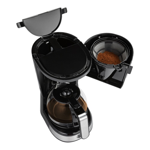 Kávovar TESLA Coffeemaster ES200 otvorený od shora, ukazujúci nádobku na mletú kávu.