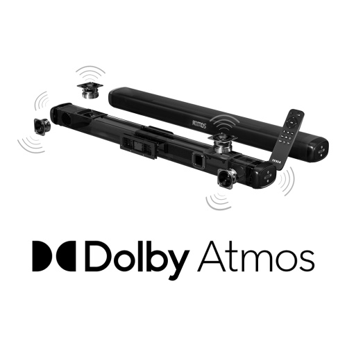 Soundbar TESLA PrimeSound HQ-990 s technológiou Dolby Atmos, zobrazený so symbolmi zvukových vĺn, indikujúcimi priestorový zvuk.