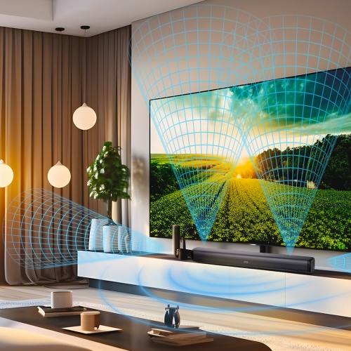 Minimalistický interiér s obrazovkou zobrazujúcou západ slnka nad krajinou a TESLA PrimeSound HQ-990 soundbarom nižšie.