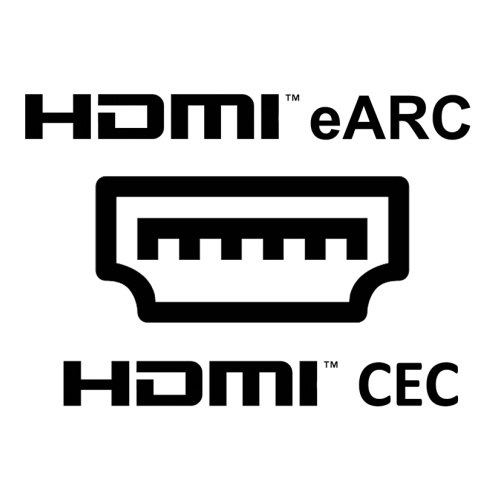 Logá HDMI eARC a HDMI CEC ukazujúce podporu pre rozšírený zvukový návratový kanál a spotrebiteľskú elektronickú kontrolu u soundbaru TESLA PrimeSound HQ-990.