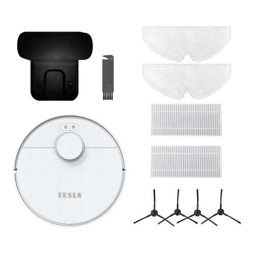 Prehľad príslušenstva pre TESLA RoboStar iQ550 zahrňujúci nabíjaciu stanicu, nástroje na čistenie, mopovacie podložky a náhradné filtre.
