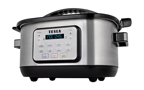 Predný pohľad na multifunkčný elektrický hrniec TESLA MultiCook M80 Deluxe so zapnutým displejom