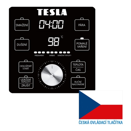 Detail predného panelu TESLA MultiCook MC600 Pro so slovenskými popismi