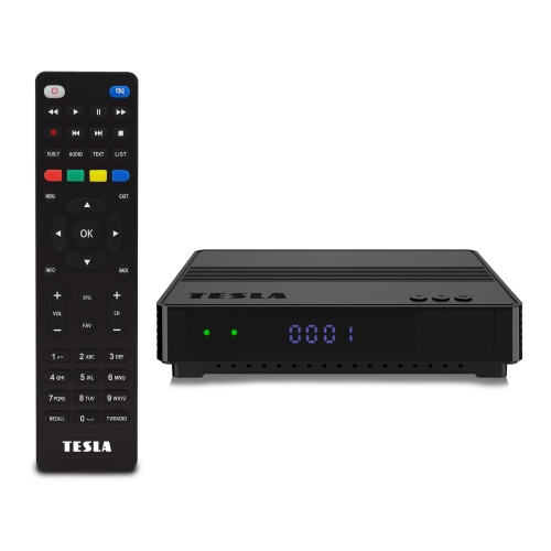 Čelný pohľad na TESLA HYbbRID TV TH210 s diaľkovým ovládačom