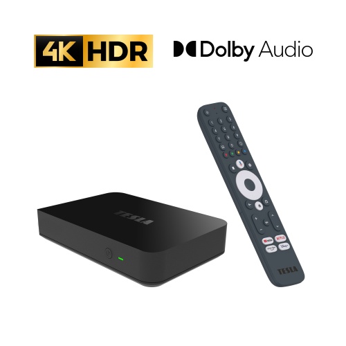TESLA MediaBox XT850 Android TV s diaľkovým ovládačom a logom 4K HDR a Dolby Audio