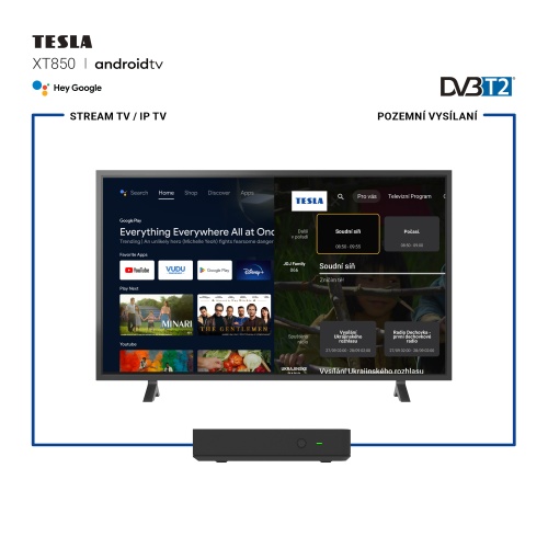 TESLA MediaBox XT850 Android TV a televízia s infografikou využívania mediaboxu a pozemného vysielania DVB-T2