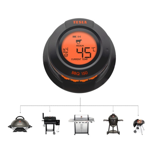TESLA Cook BBQ150 inteligentná teplotná sonda zobrazená na digitálnom displeji s aktuálnou teplotou 45 °C a grafikou určenia teploty pre medium steak. V dolnej časti je schéma kompatibilných grilov, vrátane plynových a elektrických modelov. Ideálny pomocník pre dokonalé grilovanie.