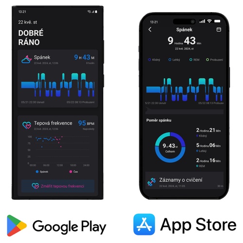 Dva mobilné telefóny zobrazujúce aplikáciu TESLA Ring G55, dostupnú na Google Play a App Store, ukazujúce dáta o spánku a srdcovej frekvencii.