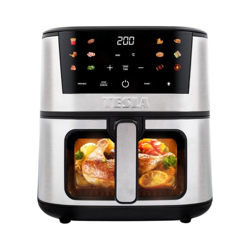 Multifunkčný digitálny teplovzdušný fritovací hrniec TESLA AirCook Q60 XXL Pro s pripraveným pokrmom vnútri. Štýlový dizajn s dotykovým displejom pre jednoduché ovládanie a perfektné výsledky varenia.